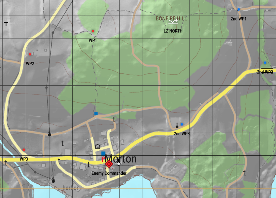 In this example, you can see that there are several icons marking out a landing zone and 6 waypoints, 3 for two different elements to use, both sets of waypoints have a different color and highlight a different way of writing/differentiating them from each other.