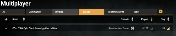 Shows the Reforger lobby screen with the server favourited.